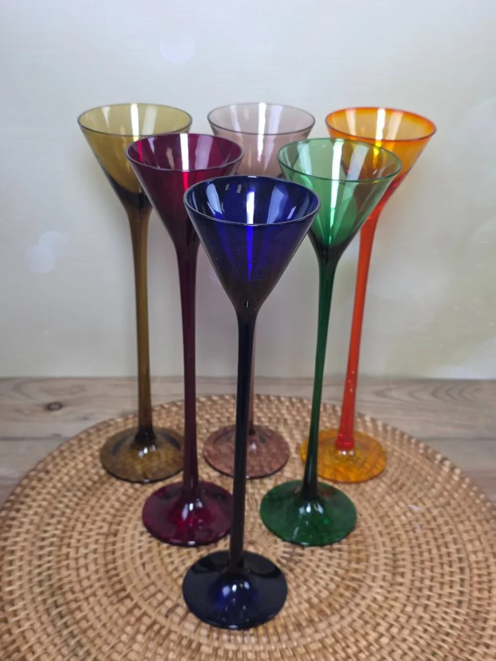 Vtg Multi Color Blown Glass Trumpet Cordial Glasses Set 6 Elongated Stem MCM